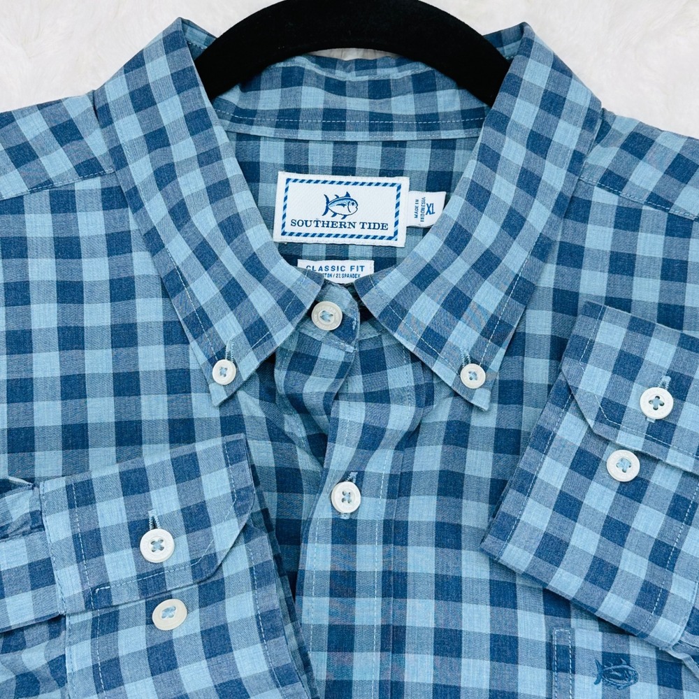 Southern Tide Mens XL Blue Gingham Check Button Down Shirt Classic Fit Skipjack
